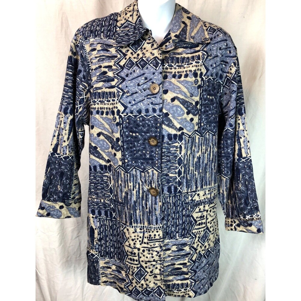 Rafaella Linen Longline Blouse 8 Blue/beige Abstract Artsy Long Sleeves Boho